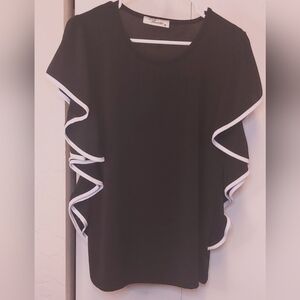 JM Fleurette Black White Piping Ruffle Sleeve Blouse Size Large Elegant Top